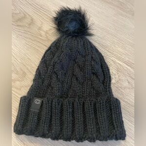 CC Black Knit Toque with Faur Fur Pom. Adult O/S